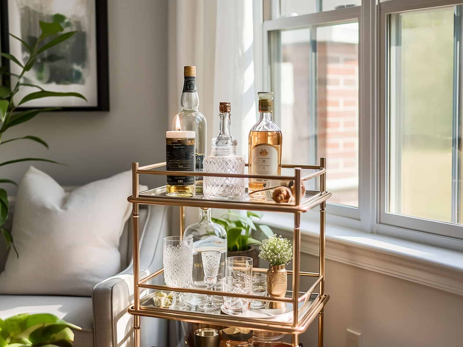 Metal bar cart in front of window