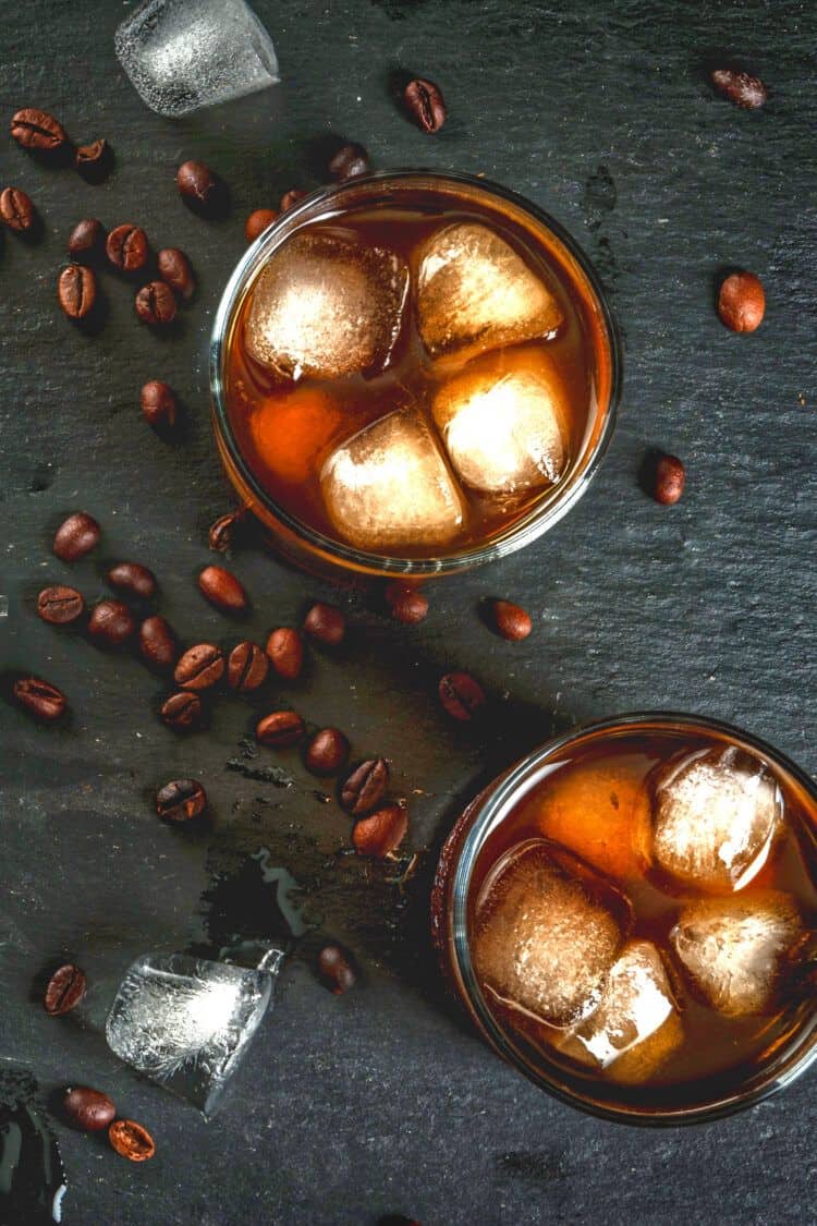 Overhead view of two Black Russian drinks