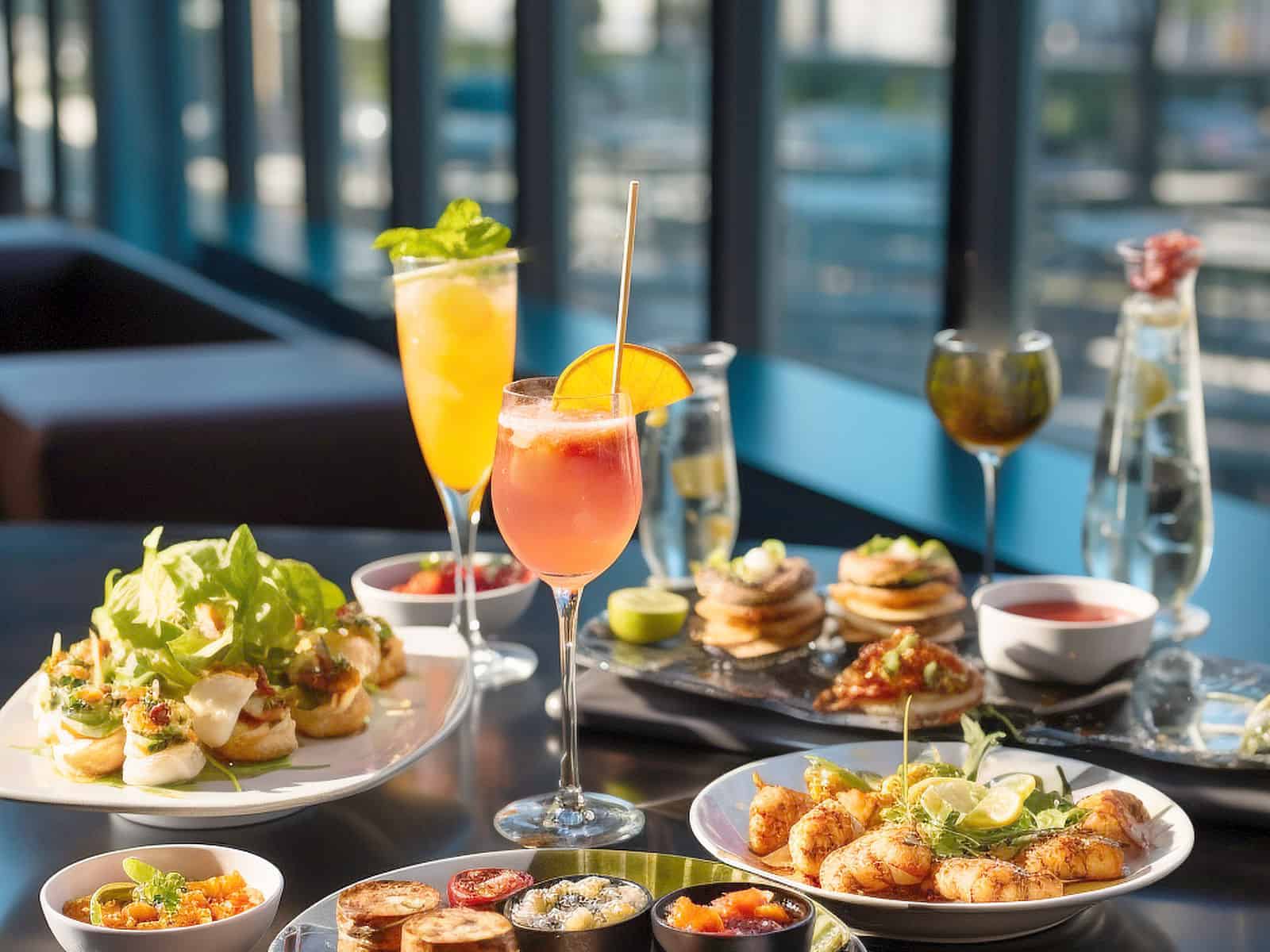 Cocktails and an assortment of snack foods on a table