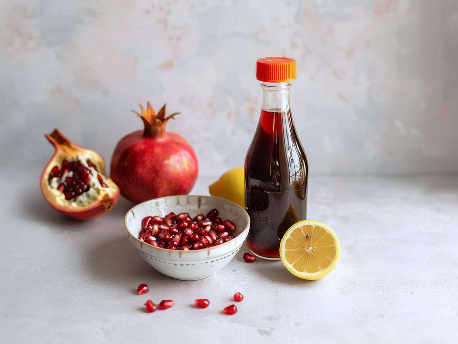 Bottle of homemade grenadine surrounded by a bowl of pomegranate seeds and half a lemon