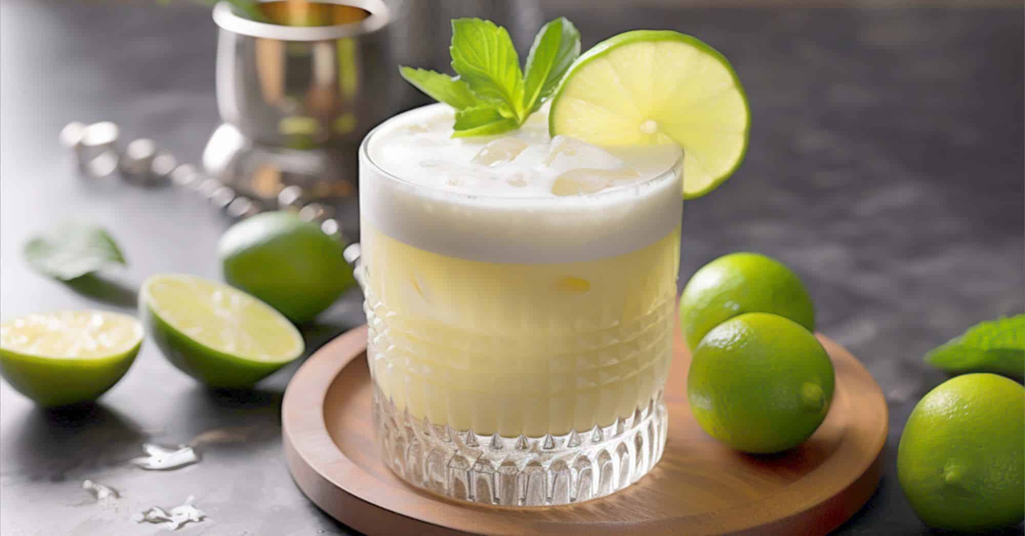 Tequila Sour cocktail with lime slice and mint garnish